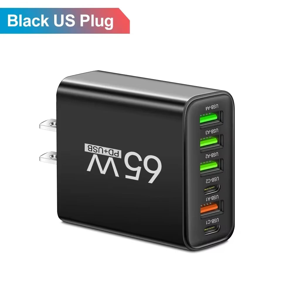 65W USB C Charger PD Fast Charging Mobile Cell Phone Type C Multiple 6 Ports Wall Adapter for Iphone 15 16 Xiaomi Huawei Samsung
