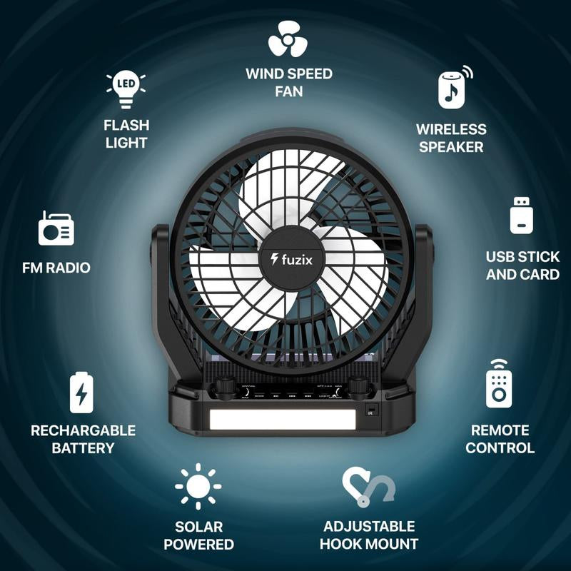 Fuzix Aero Solar Powered Portable Fan with Bluetooth Speaker, Adjustable 3 Wind Speed, Foldable Hanger Hook, LED Flashlight, FM Radio, AUX, Usb/Micro SD Inputs