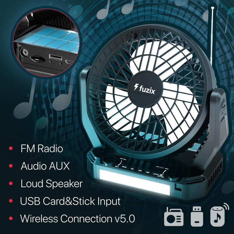 Fuzix Aero Solar Powered Portable Fan with Bluetooth Speaker, Adjustable 3 Wind Speed, Foldable Hanger Hook, LED Flashlight, FM Radio, AUX, Usb/Micro SD Inputs