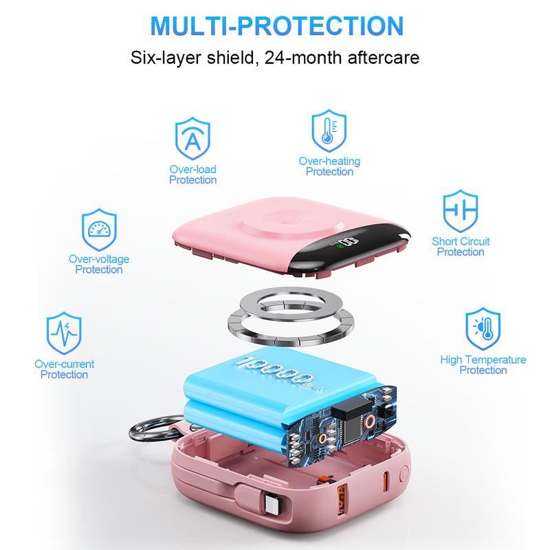 Portable Charger, 10000Mah 22.5W Fast Charging Power Bank with Built-In Cables, Travel Essential Battery Pack with LED Display, Keychain Battery Phone Charger for Iphone, Iwatch 10/9/8/7/6/SE/5/4