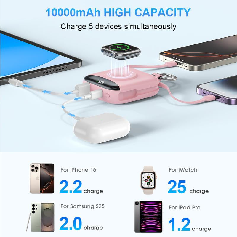 Portable Charger, 10000Mah 22.5W Fast Charging Power Bank with Built-In Cables, Travel Essential Battery Pack with LED Display, Keychain Battery Phone Charger for Iphone, Iwatch 10/9/8/7/6/SE/5/4
