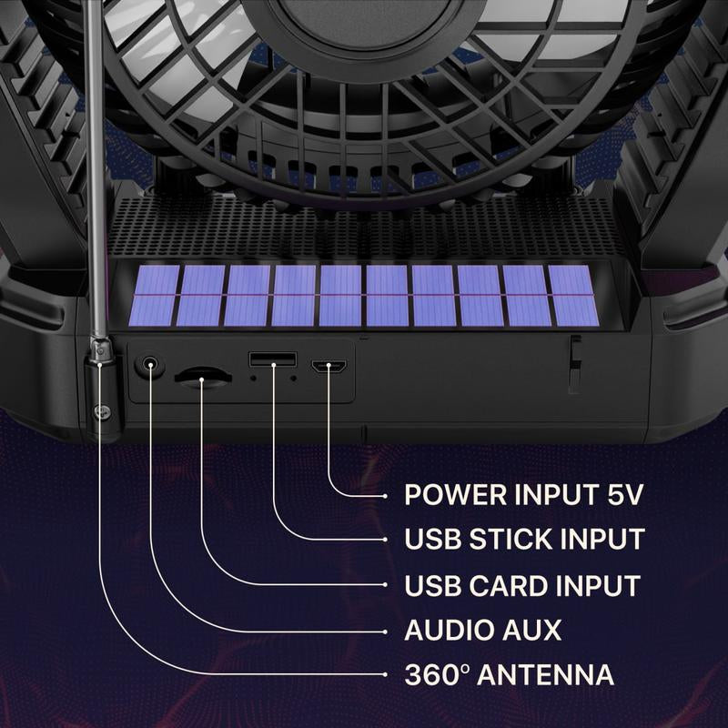 Fuzix Aero Solar Powered Portable Fan with Bluetooth Speaker, Adjustable 3 Wind Speed, Foldable Hanger Hook, LED Flashlight, FM Radio, AUX, Usb/Micro SD Inputs