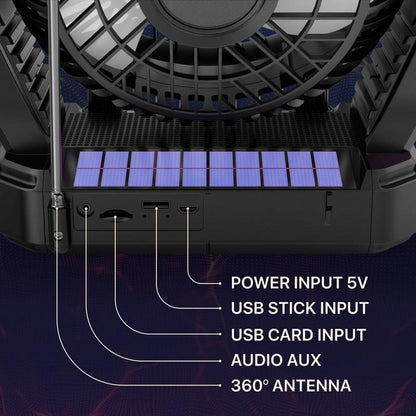 Fuzix Aero Solar Powered Portable Fan with Bluetooth Speaker, Adjustable 3 Wind Speed, Foldable Hanger Hook, LED Flashlight, FM Radio, AUX, Usb/Micro SD Inputs