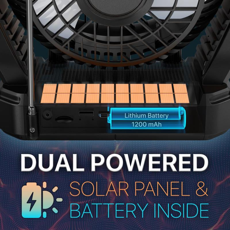 Fuzix Aero Solar Powered Portable Fan with Bluetooth Speaker, Adjustable 3 Wind Speed, Foldable Hanger Hook, LED Flashlight, FM Radio, AUX, Usb/Micro SD Inputs